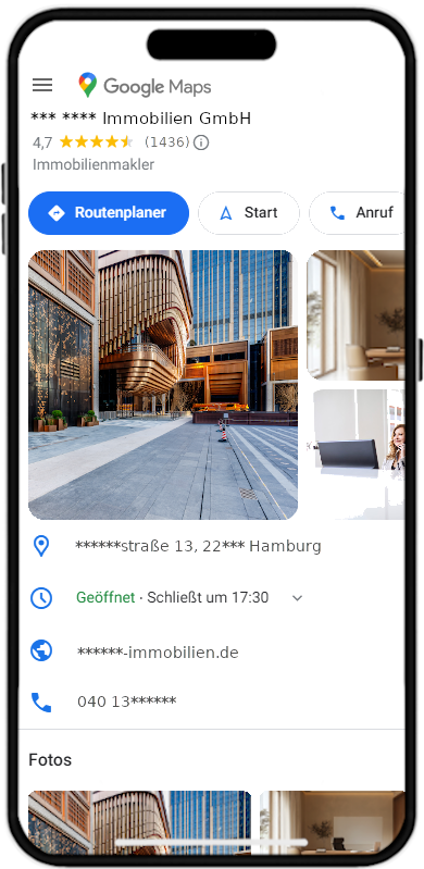 Smartphone zeigt ein Google-Profil mit hervorragenden Bewertungen – wichtig für das Reputationsmanagement und Gewinnmaximierung